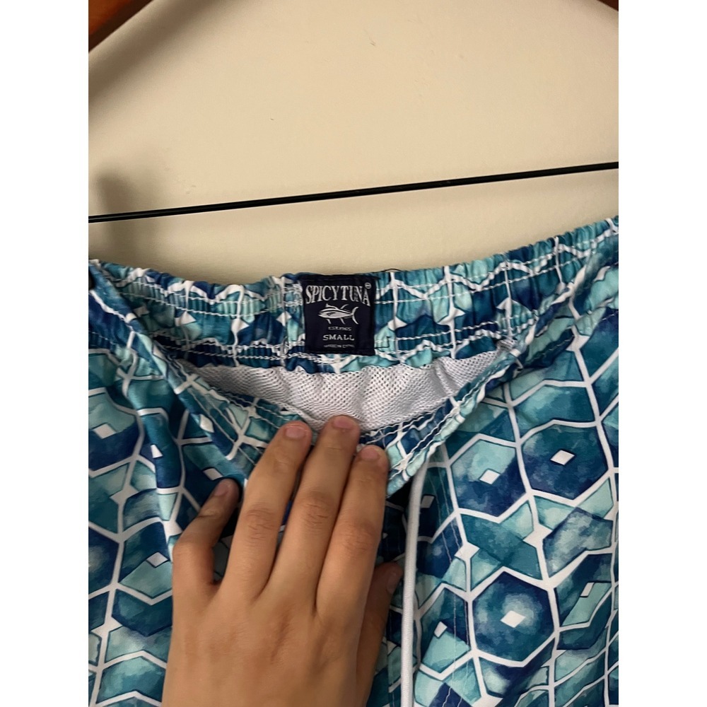 Spicy Tuna Mens Blue Geometric Hexagon Print Swim Trunks Mesh Lined Small - Picture 3 of 8